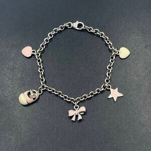 Sterling Silver Baby Pink Enamel Hearts Star‎ Bow 5.5" Length, 6g Charm Bracelet